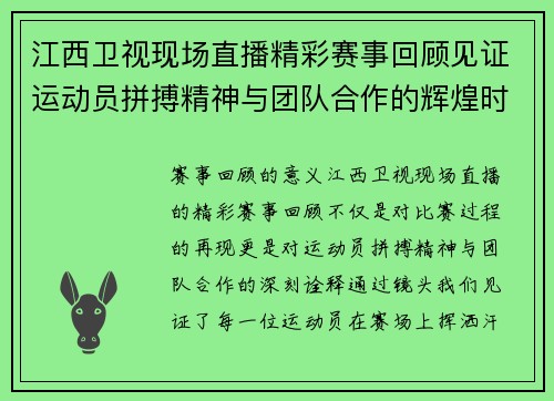 江西卫视现场直播精彩赛事回顾见证运动员拼搏精神与团队合作的辉煌时刻