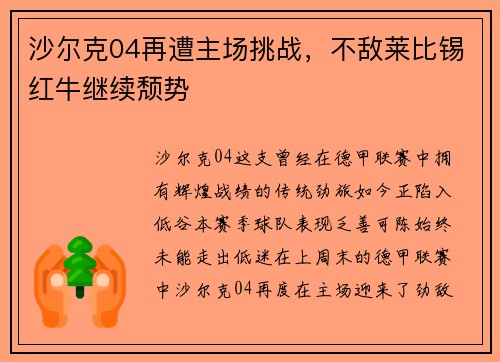 沙尔克04再遭主场挑战，不敌莱比锡红牛继续颓势